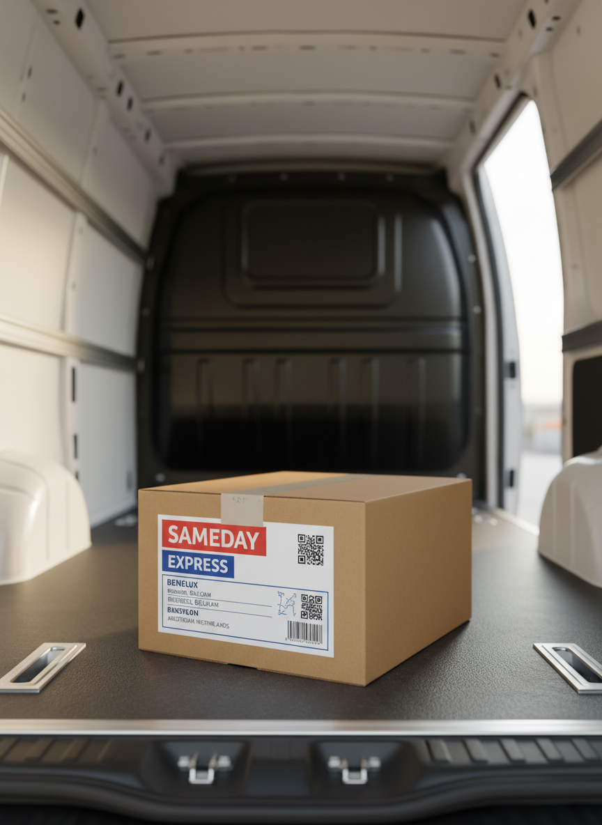 A close-up, photographic view of a package labeled for sameday delivery resting inside the open, spotlessly clean cargo area of an electric delivery van. The sturdy cardboard box features clear, professional shipping labels marked “sameday” and “express,” along with neatly printed BENELUX destination details. The van’s interior shows organized securing rails and non-slip flooring in dark grey. Natural daylight filters in from the rear opening, creating soft, directional light that highlights the box edges and subtle textures of the packaging. The composition uses a shallow depth of field, with the main box in razor-sharp focus and the rest of the cargo space gently blurred, evoking speed, precision, and trustworthy express transport in a realistic, modern style.