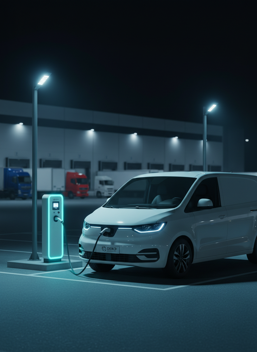 A nighttime logistics yard with a single, prominently placed electric delivery van connected to a sleek charging station, both featuring discreet DEKO COMPANY branding. The van’s smooth white bodywork reflects cool ambient light from evenly spaced LED mast lights, while the charging station emits a soft cyan glow that subtly illuminates the nearby asphalt and charging cable. The background shows orderly rows of trailers and warehouse doors, all slightly out of focus. Shot from a low-angle, three-quarter perspective, the composition highlights the van and charger in sharp detail, emphasizing innovation and sustainability. The atmosphere is calm and futuristic, rendered in high-resolution photographic realism with controlled contrast and deep, clear shadows.