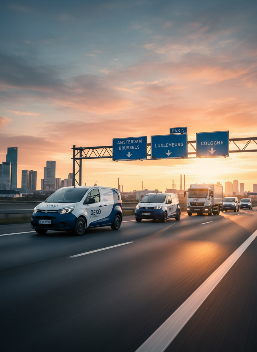 A dynamic highway scene at golden hour featuring a small fleet of branded DEKO COMPANY vehicles—compact electric vans and medium-size trucks—in coordinated white and deep blue, moving smoothly in the same direction. The road signage clearly indicates BENELUX destinations and international arrows, while the sky glows with warm orange and soft blue tones. The low-angle, three-quarter view captures the vehicles in sharp focus, with the road and distant city skyline gently receding into a subtle bokeh. Sunlight skims across the vehicles’ surfaces, creating bright highlights and elongated shadows that emphasize speed and reliability. The atmosphere is energetic yet controlled, with photorealistic detail reinforcing a professional, future-ready transport image.