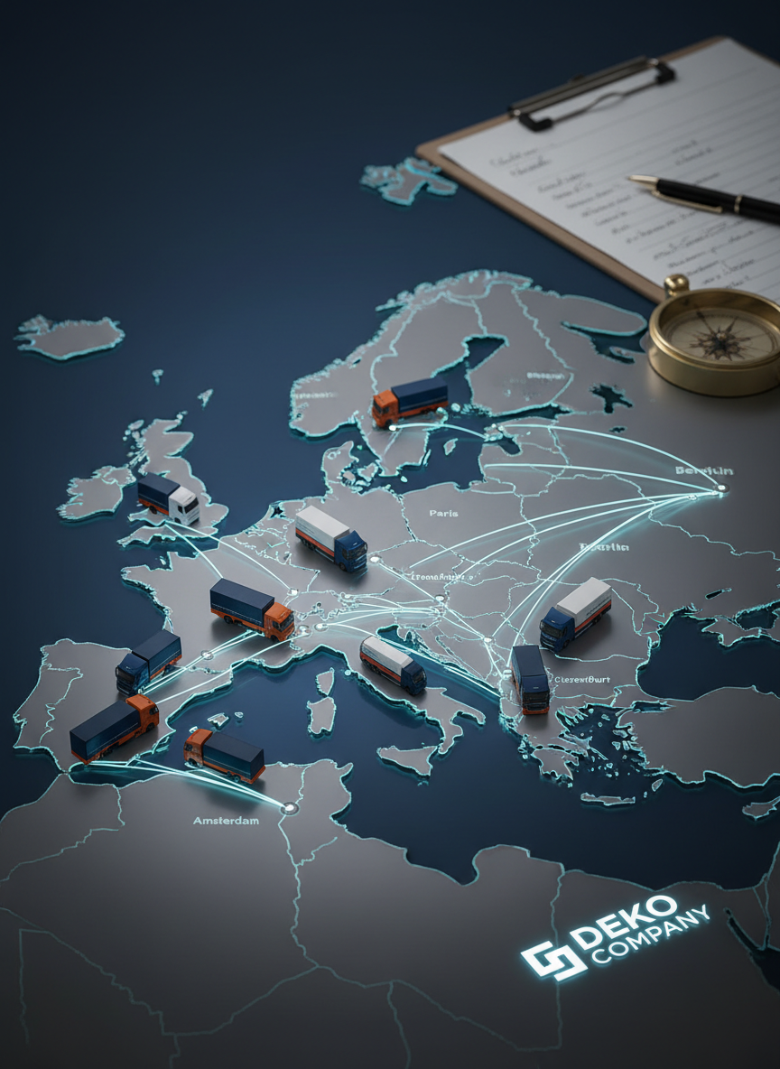 An aerial, photographic view of a stylized BENELUX and Western Europe map laid out on a smooth dark-blue tabletop, with precise, glowing route lines in white and cyan connecting major cities. Small, high-detail model trucks and electric vans in DEKO COMPANY colors are positioned along the routes, suggesting both local BENELUX focus and extended international reach. Cool, focused overhead lighting creates crisp highlights on the miniature vehicles and subtle shadows around them, enhancing depth. The composition uses rule of thirds, with the densest route network in the lower-left and a softly blurred compass and clipboard with planning notes in the upper-right. The mood is strategic and professional, emphasizing smart, well-planned transport logistics.