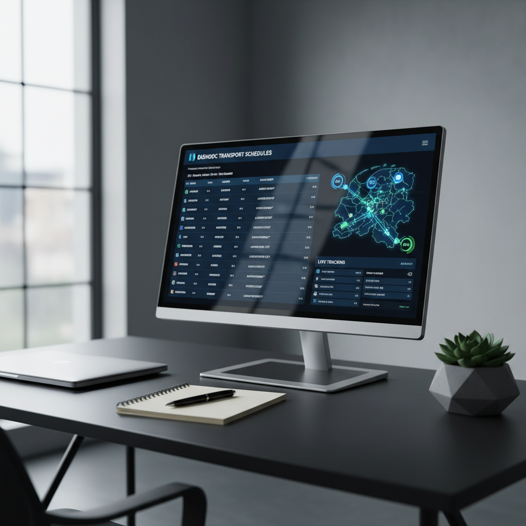 An illuminated digital planning dashboard displayed on a slim, bezel-less monitor in a minimalist logistics office, showing organized Dashdoc transport schedules, route maps of the BENELUX region, and live tracking indicators in blue and green. The monitor stands on a tidy, matte black desk with a closed laptop, a simple notepad, and a small, understated plant. Cool, diffused overhead lighting combines with soft daylight from an unseen window, producing subtle reflections on the screen without glare. Shot from a slightly elevated angle with shallow depth of field, the monitor is in crisp focus while the background blurs gently. The photographic style is clean and modern, conveying clarity, efficiency, and meticulous planning.